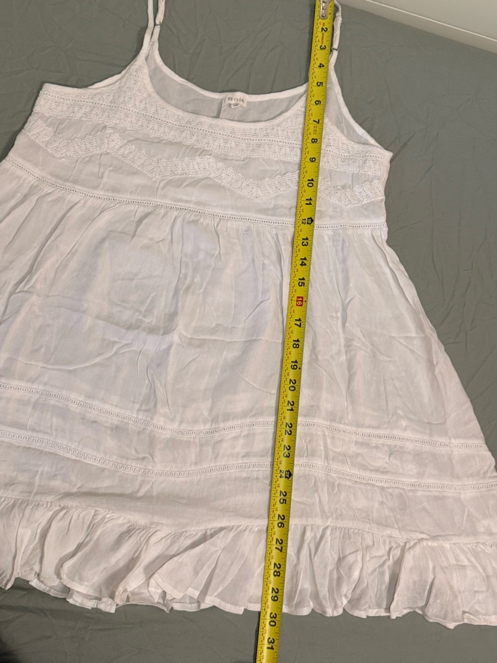 En Crème White Lace Boho Mini Dress Tunic Size L Adjustable Straps Cotton